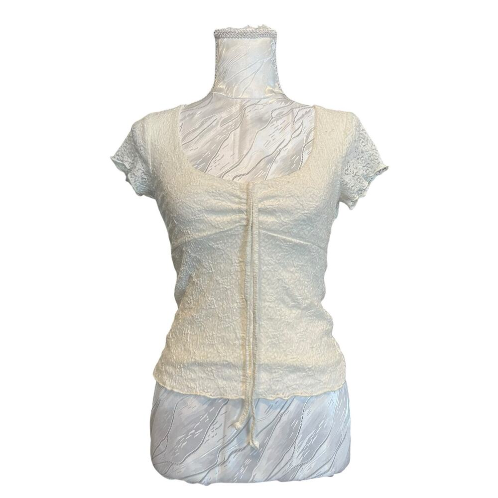 Cream Lace Fitted Scoop Neck Cap Sleeve Tassel Top XS - Picture 2 of 16